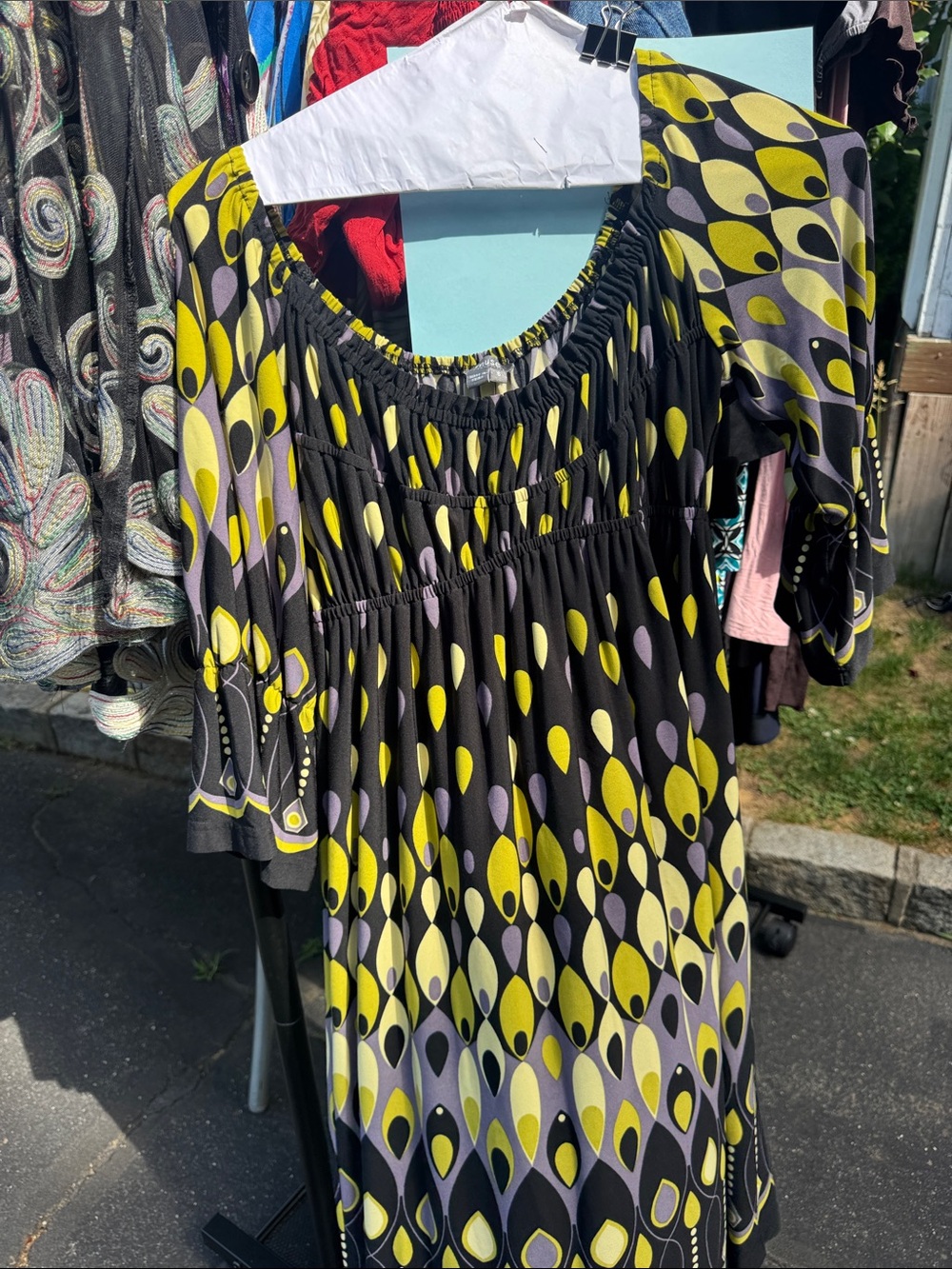Muse Black Yellow and Gray Patterned Peasant Dress
